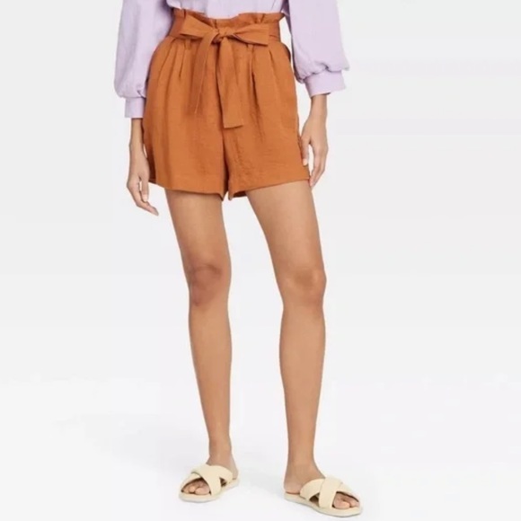 a new day Pants - a new day Paper Bag Self Tie High Waisted Rayon Blend Shorts Burnt Orange